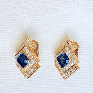 Vintage D'Orlan Crystal Earrings Gold Tone Blue and Clear Stones Omega back